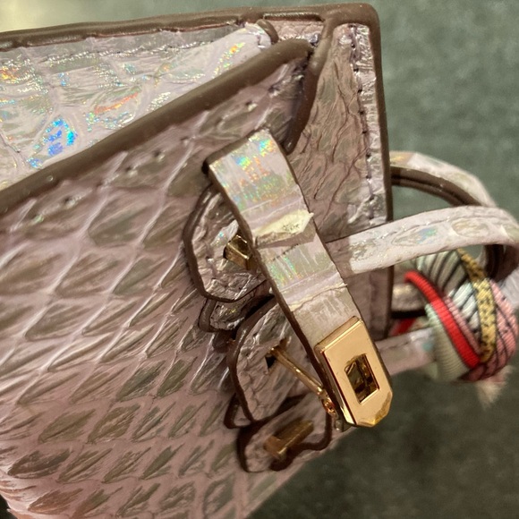 🐍 👜 Handmade Genuine Leather Mini Holographic Lilac Snakeskin Birkin Bag Charm - Picture 10 of 12